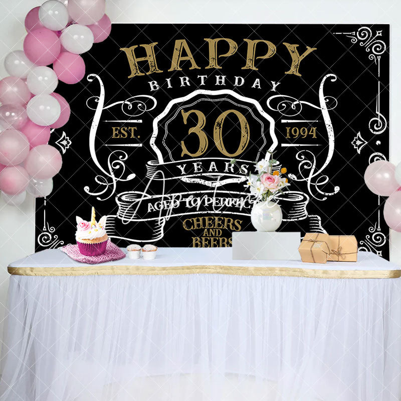 Aperturee - Vintage Gold Black Perfection 30th Birthday Backdrop