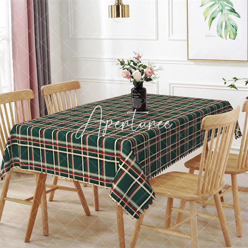 Aperturee - Vintage Green Line Plaid Christmas Dining Tablecloth