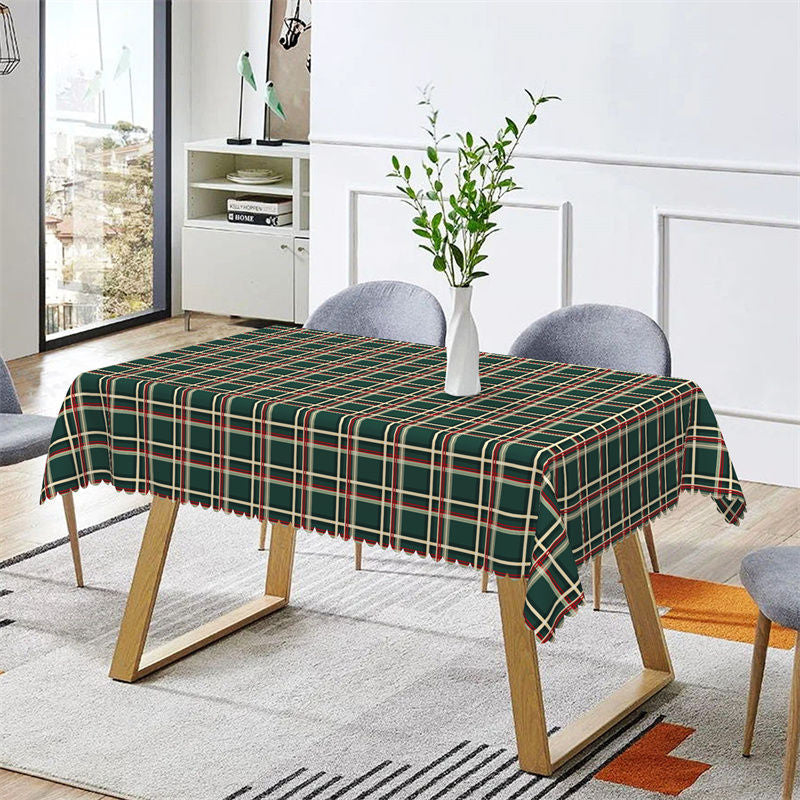 Aperturee - Vintage Green Line Plaid Christmas Dining Tablecloth