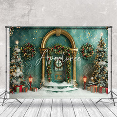 Aperturee - Vintage Green Wall Snow Trees Christmas Backdrop