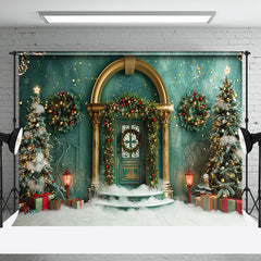 Aperturee - Vintage Green Wall Snow Trees Christmas Backdrop