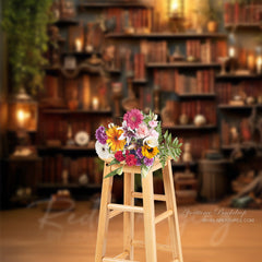 Aperturee - Vintage Light Bookshelf Wood Back To School Backdrop