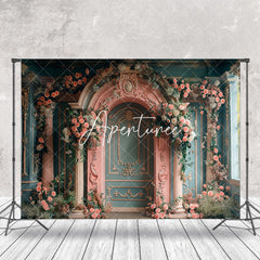 Aperturee - Vintage Luxury Green Pink Wall Floral Photo Backdrop