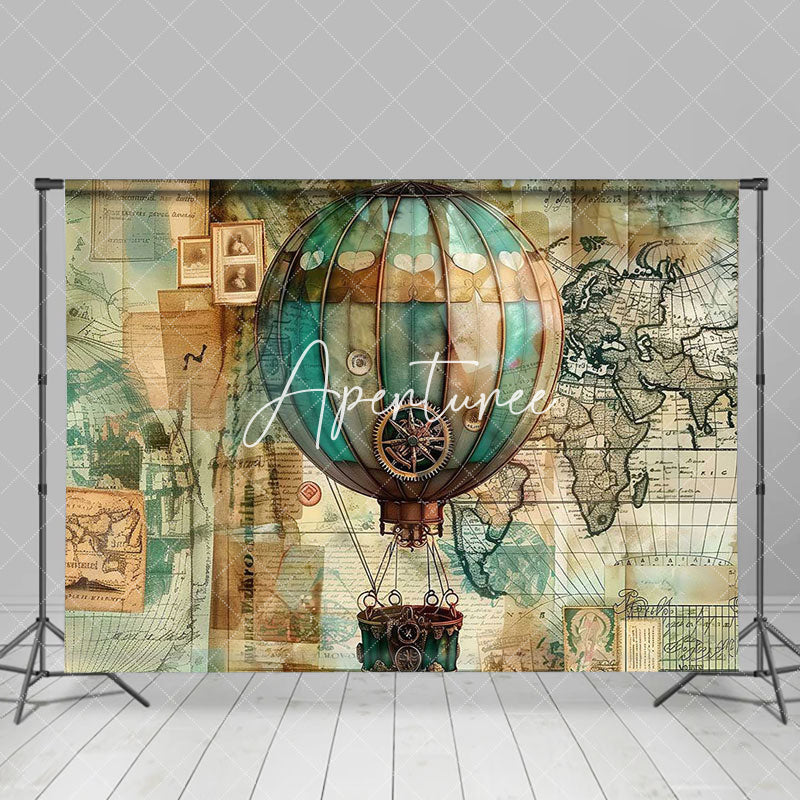 Aperturee - Vintage Paper Hot Balloon Map Backdrop For Party