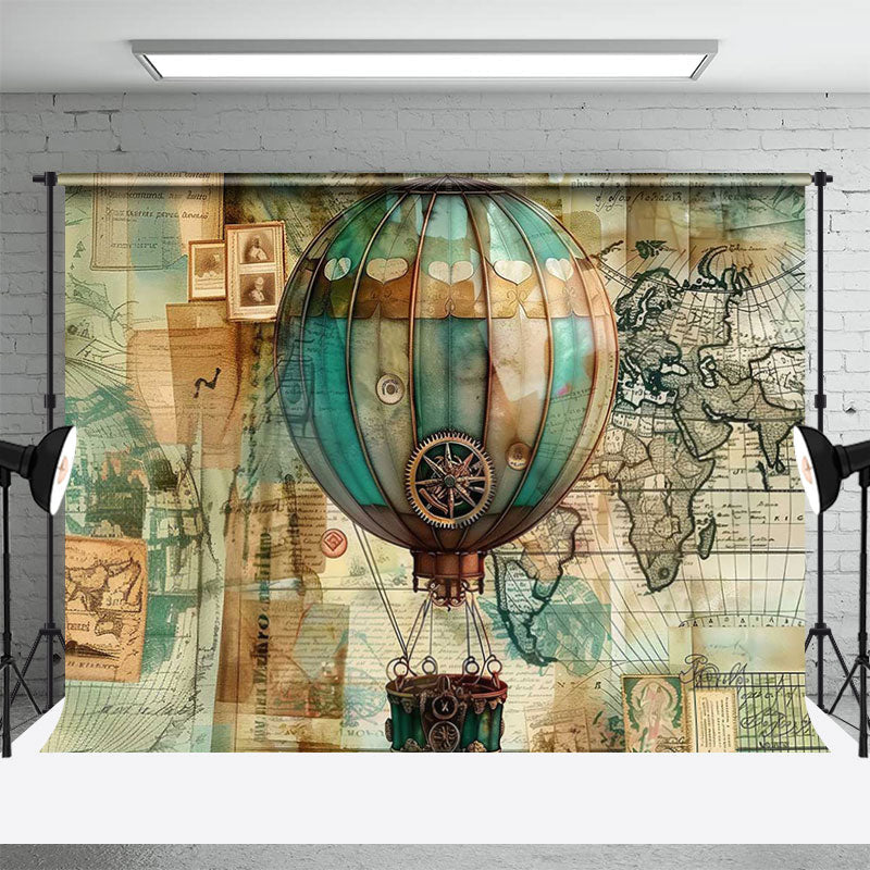 Aperturee - Vintage Paper Hot Balloon Map Backdrop For Party