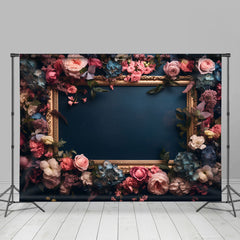 Aperturee - Vintage Picture Frame Floral Dark Blue Backdrop