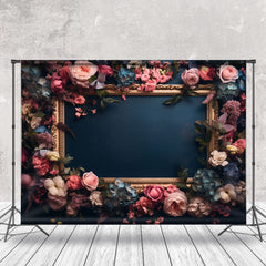 Aperturee - Vintage Picture Frame Floral Dark Blue Backdrop