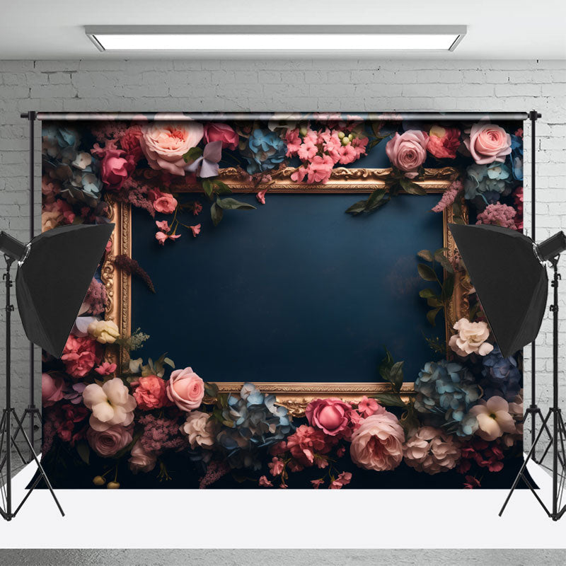 Aperturee - Vintage Picture Frame Floral Dark Blue Backdrop