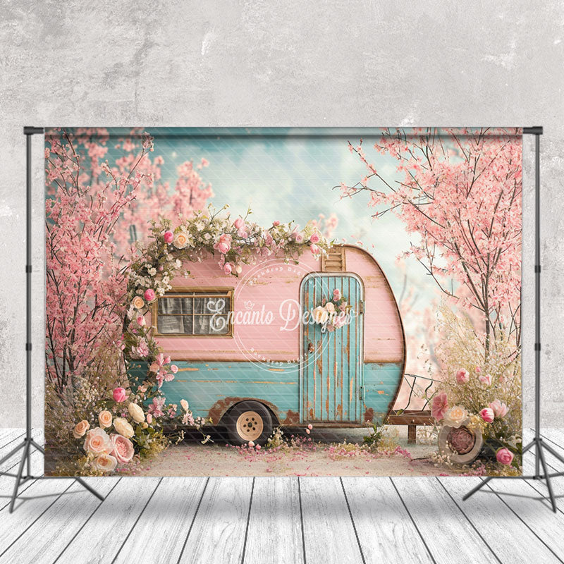 Aperturee - Vintage Pink Blue RV Peach Flower Spring Backdrop