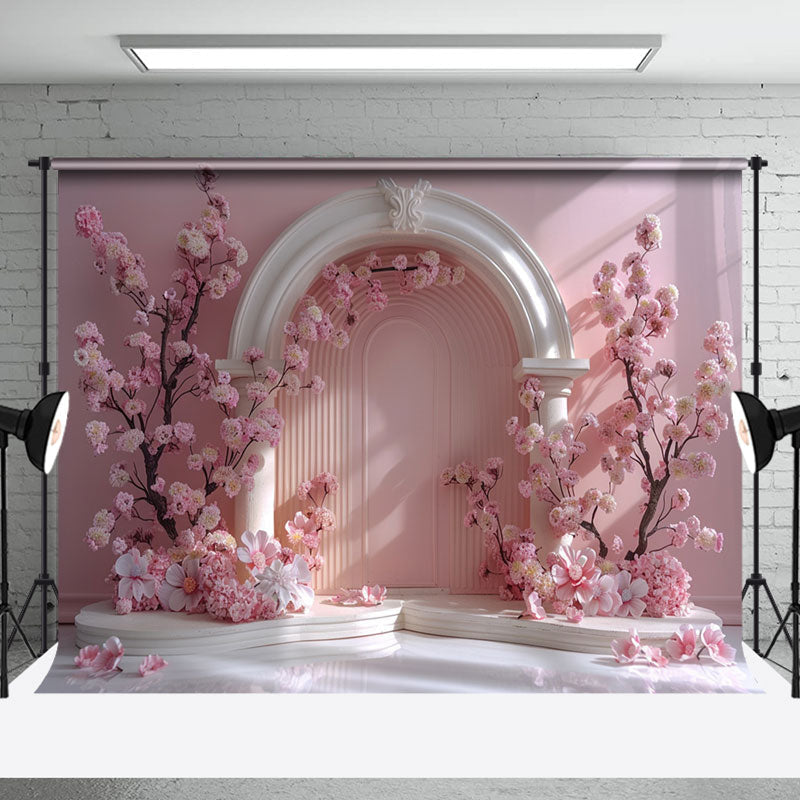 Aperturee - Vintage Pink White Arch Door Floral Wedding Backdrop