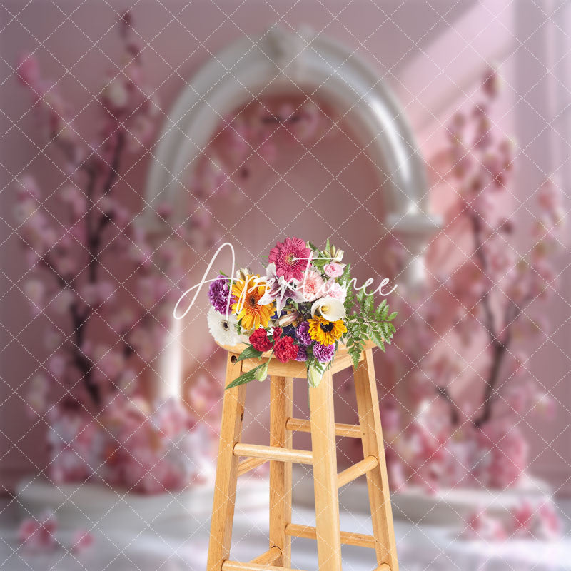 Aperturee - Vintage Pink White Arch Door Floral Wedding Backdrop