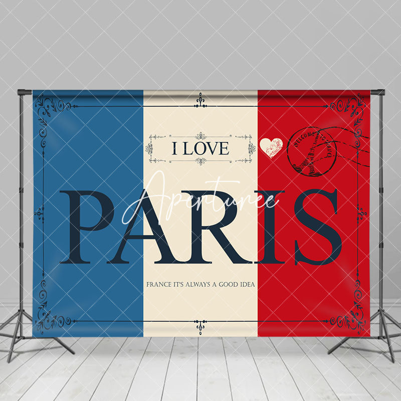 Aperturee - Vintage Postcard French Flag I Love Paris Backdrop