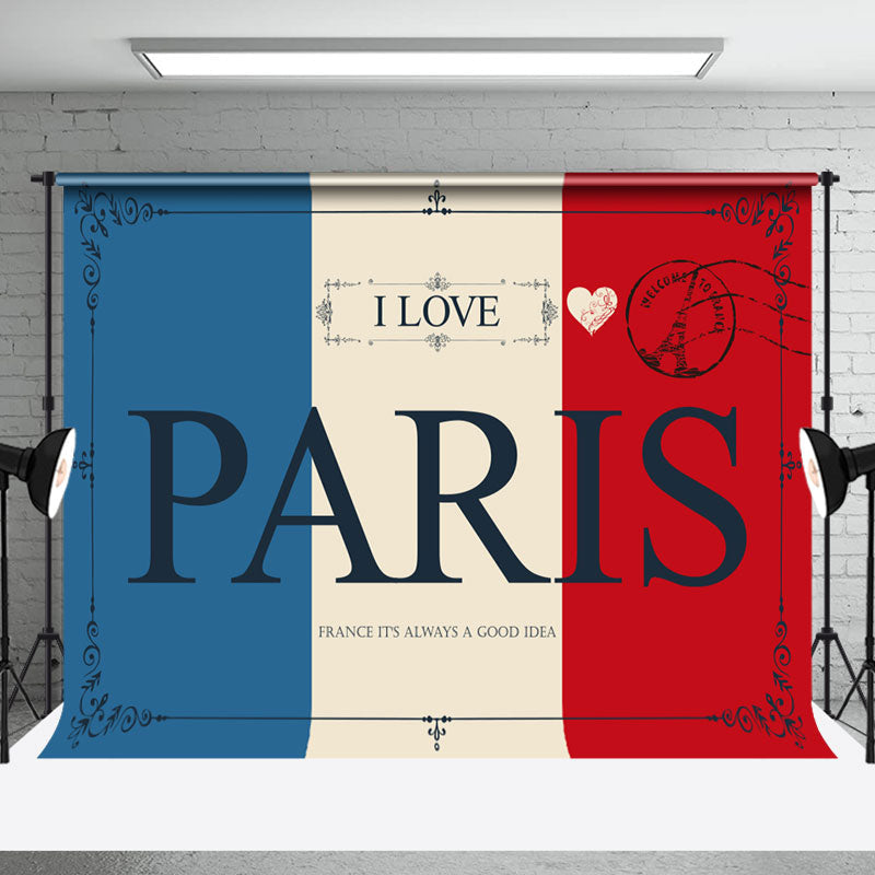 Aperturee - Vintage Postcard French Flag I Love Paris Backdrop