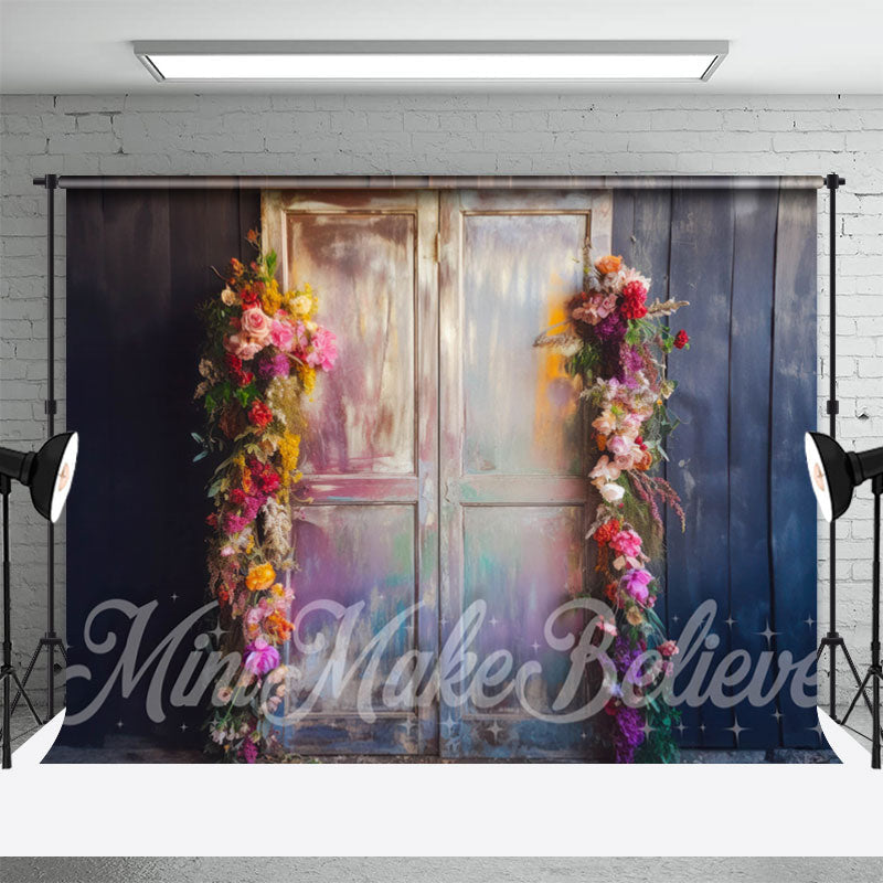 Aperturee - Vintage Rainbow Floral Door Grey Wood Wall Backdrop