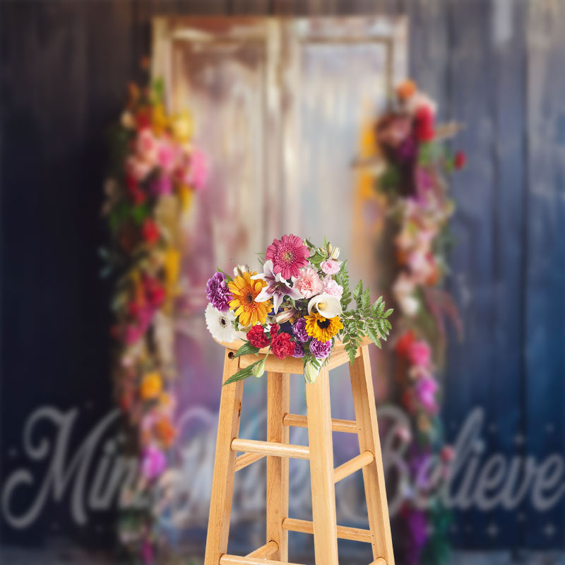 Aperturee - Vintage Rainbow Floral Door Grey Wood Wall Backdrop