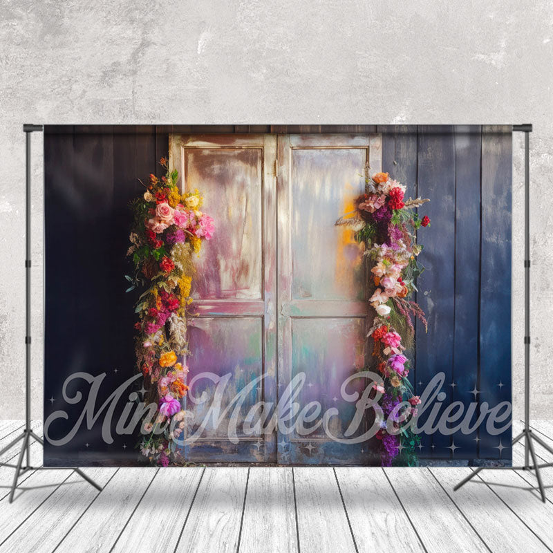 Aperturee - Vintage Rainbow Floral Door Grey Wood Wall Backdrop