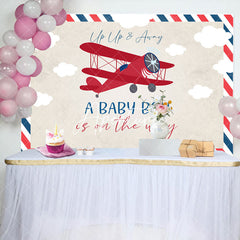 Aperturee - Vintage Red Airplane Postcard Baby Shower Backdrop