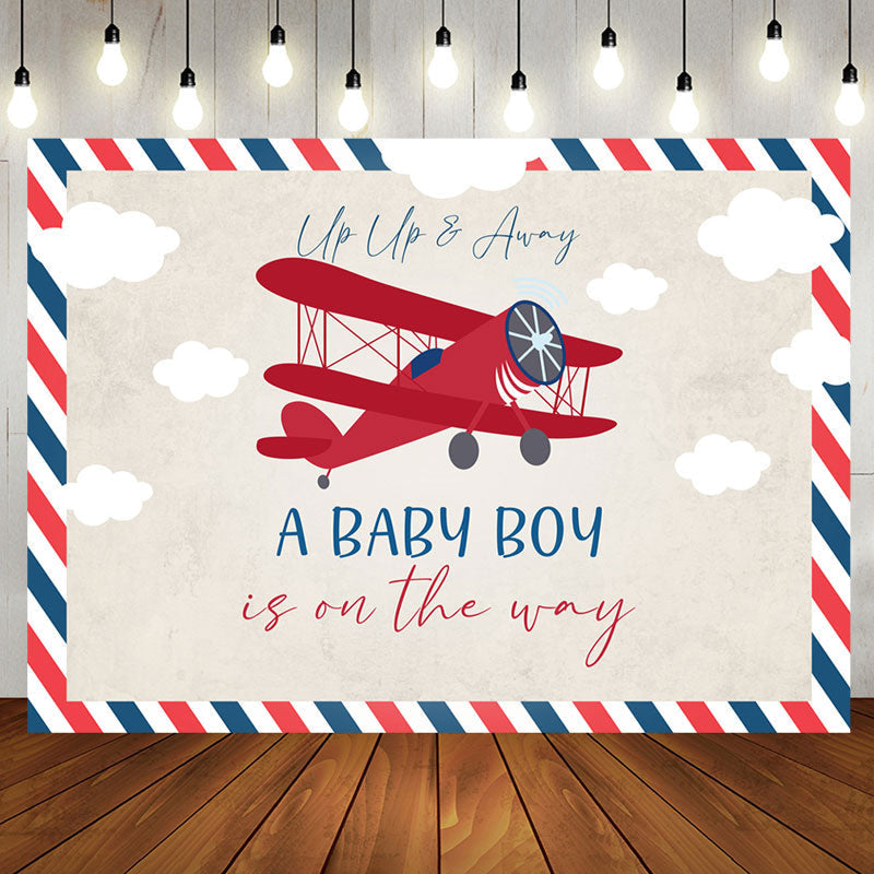 Aperturee - Vintage Red Airplane Postcard Baby Shower Backdrop