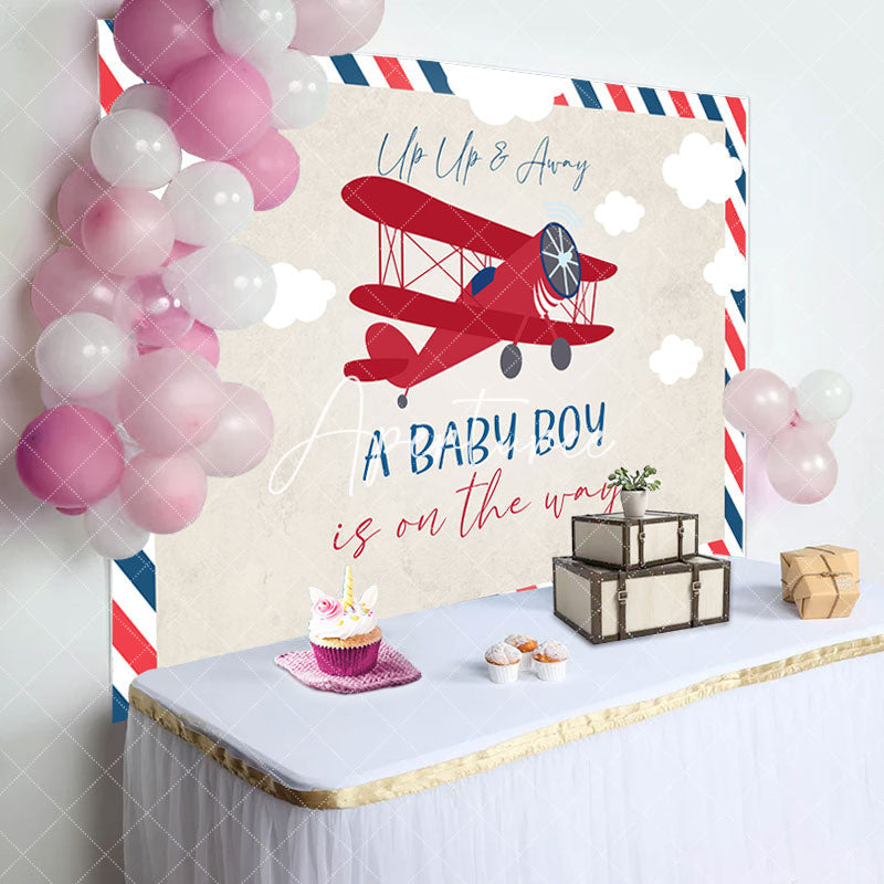 Aperturee - Vintage Red Airplane Postcard Baby Shower Backdrop