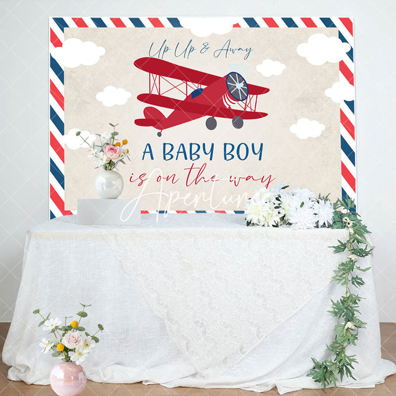 Aperturee - Vintage Red Airplane Postcard Baby Shower Backdrop