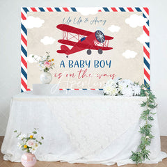 Aperturee - Vintage Red Airplane Postcard Baby Shower Backdrop