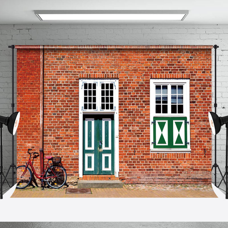 Aperturee - Vintage Red Brick Wall Door Bike Backdrop For Photo