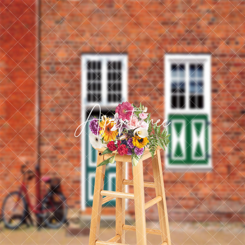 Aperturee - Vintage Red Brick Wall Door Bike Backdrop For Photo