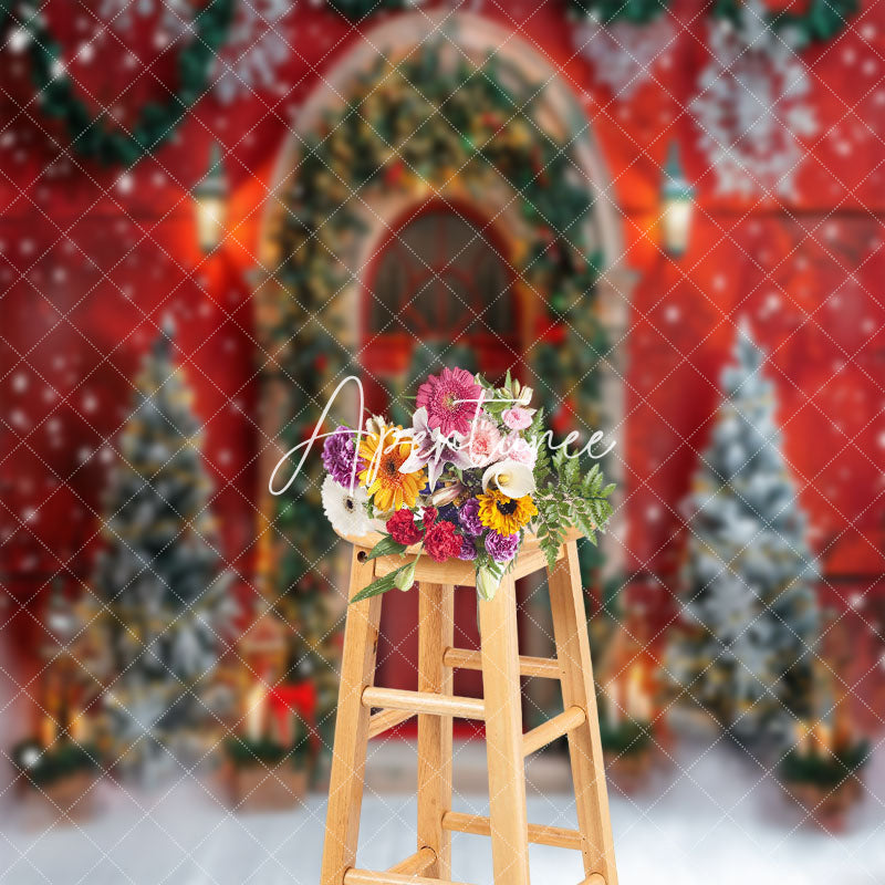 Aperturee - Vintage Red Door Trees Snow Scene Christmas Backdrop