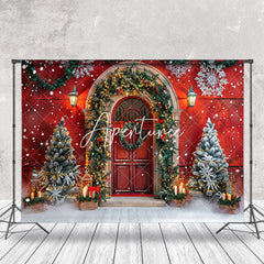 Aperturee - Vintage Red Door Trees Snow Scene Christmas Backdrop