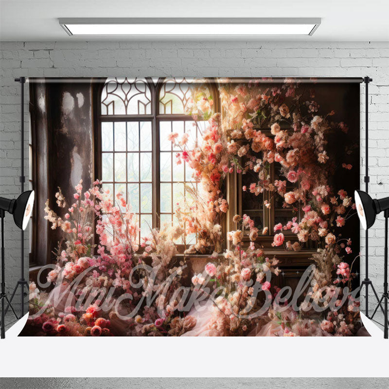 Aperturee - Vintage Room Window Pink Flower Backdrop For Photo