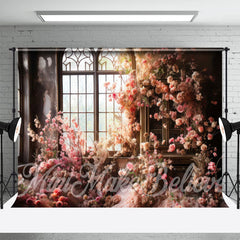 Aperturee - Vintage Room Window Pink Flower Backdrop For Photo