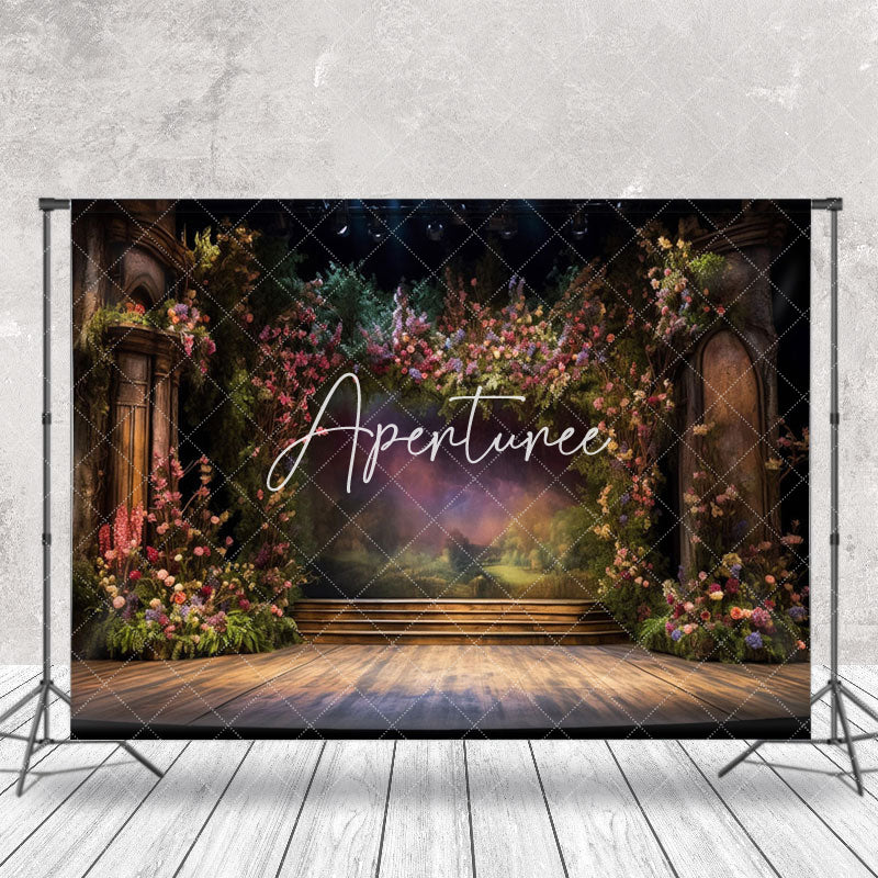 Aperturee - Vintage Room Wood Stage Floral Photography Backdrop