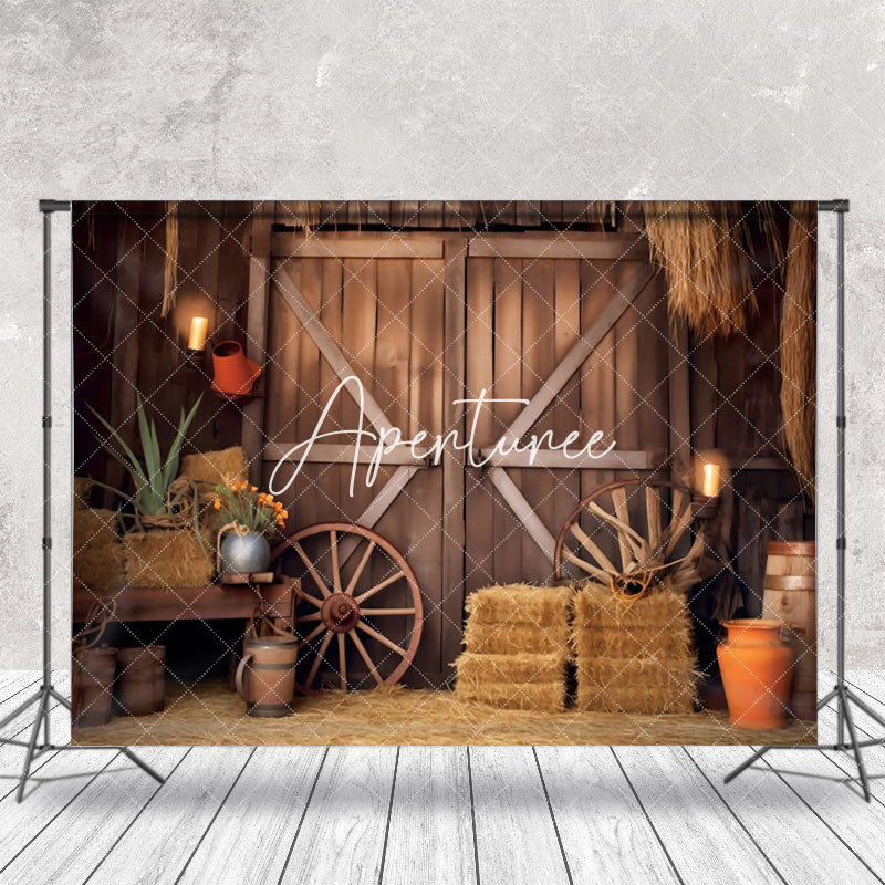 Aperturee - Vintage Rustic Stacked Hay Barrel Wood Barn Backdrop