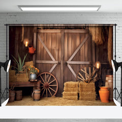 Aperturee - Vintage Rustic Stacked Hay Barrel Wood Barn Backdrop