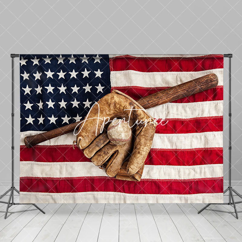 Aperturee - Vintage Usa Flag Baseball Glove Bat Sports Backdrop