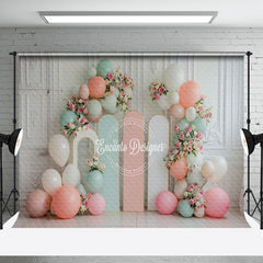 Aperturee - Vintage Wall Green Pink Balloons Cake Smash Backdrop