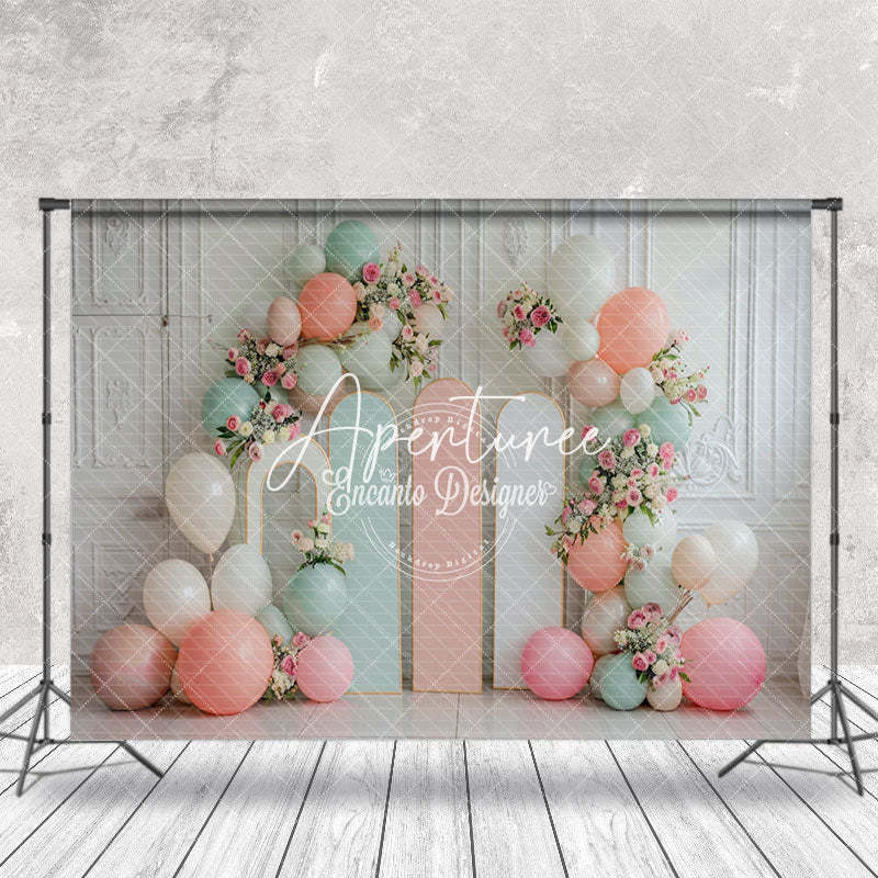 Aperturee - Vintage Wall Green Pink Balloons Cake Smash Backdrop