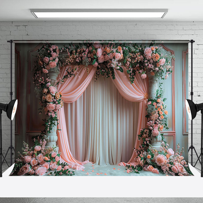 Aperturee - Vintage Wall Pink Curtain Floral Wedding Backdrop