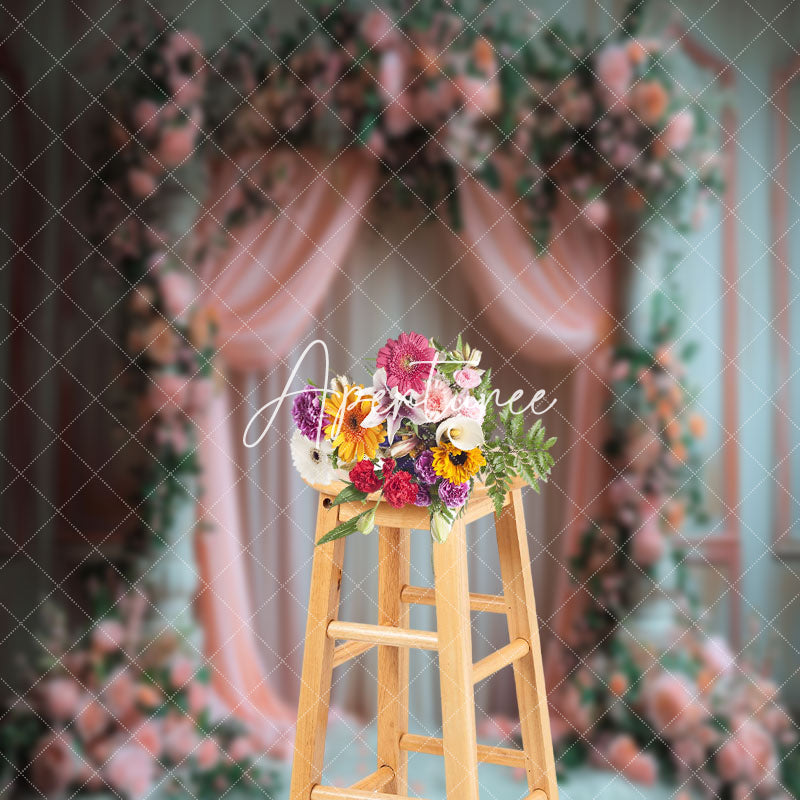 Aperturee - Vintage Wall Pink Curtain Floral Wedding Backdrop