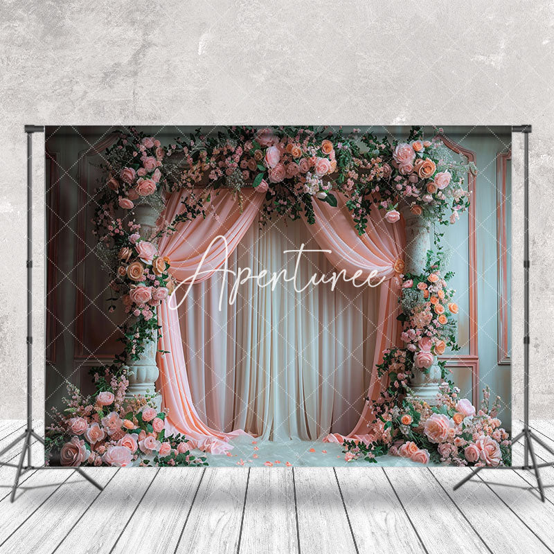 Aperturee - Vintage Wall Pink Curtain Floral Wedding Backdrop