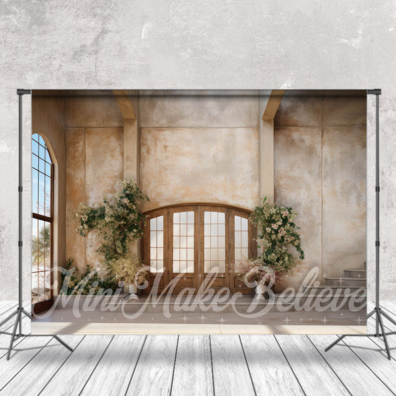 Aperturee - Vintage Wall Window Floral Wood Door Stair Backdrop