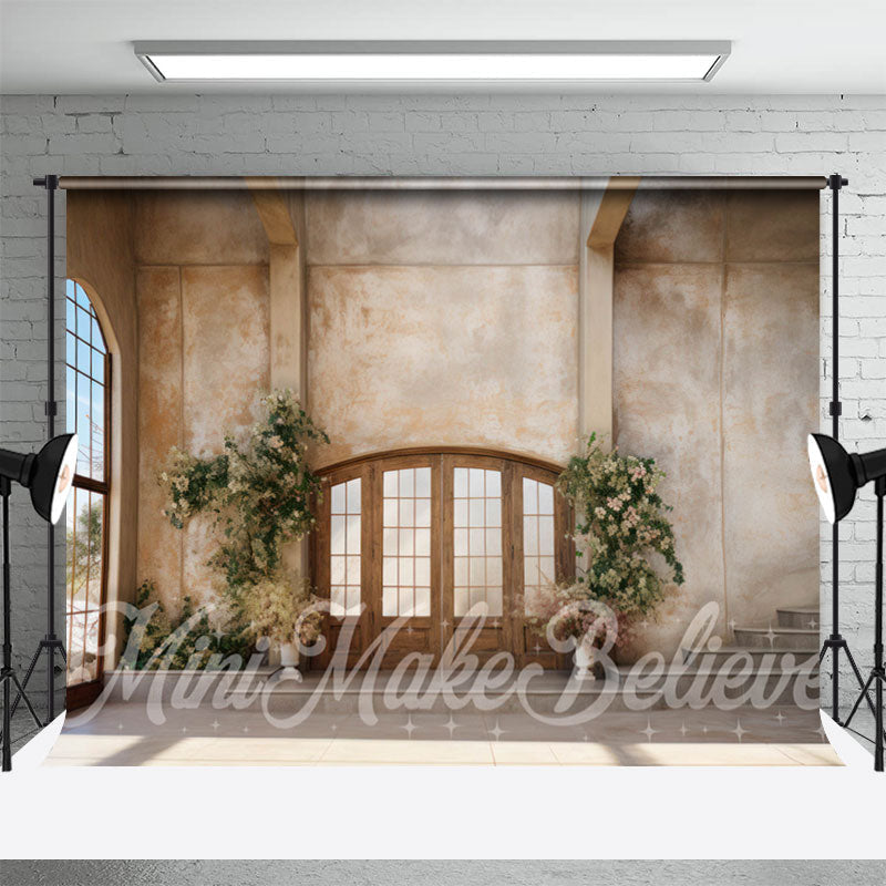 Aperturee - Vintage Wall Window Floral Wood Door Stair Backdrop