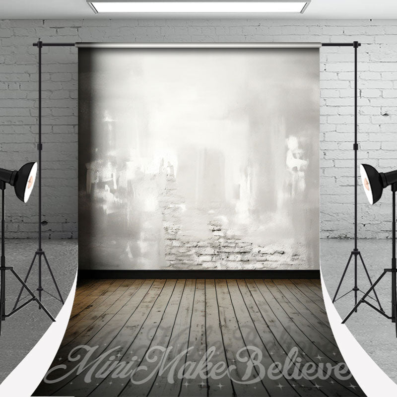 Aperturee - Vintage White Brick Wall Wood Floor Sweep Backdrop