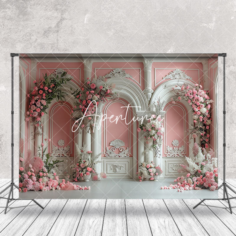 Aperturee - Vintage White Pink Wall Floral Leaves Photo Backdrop