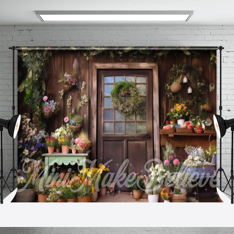 Aperturee - Vintage Wood Door Green Leaf Floral Spring Backdrop