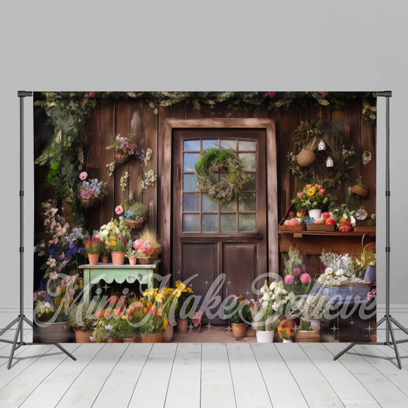 Aperturee - Vintage Wood Door Green Leaf Floral Spring Backdrop