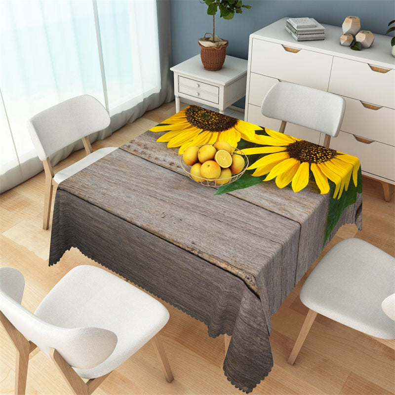 Aperturee - Vintage Wooden Board Sunflower Square Tablecloth