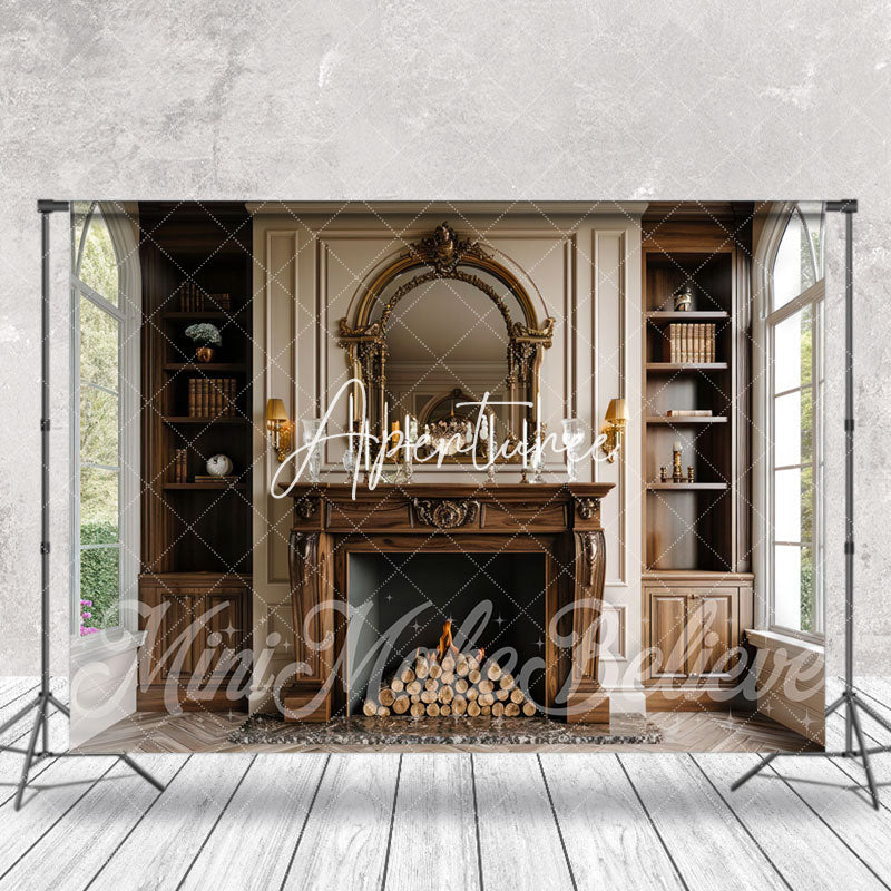 Aperturee - Vintage Wooden Fireplace Window Cake Smash Backdrop