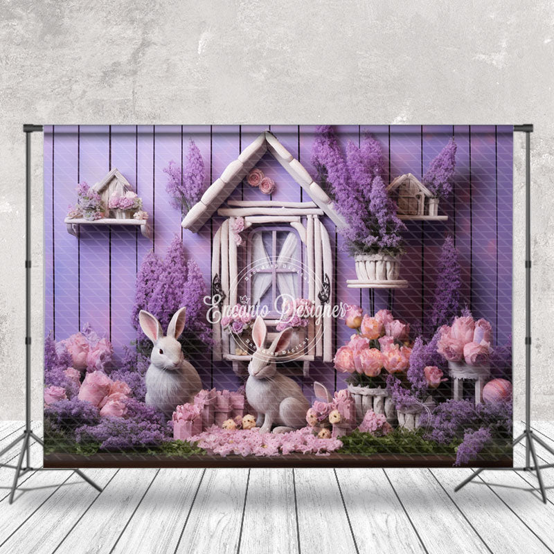 Aperturee - Violet Wooden Wall Floral Window Easter Backdrop