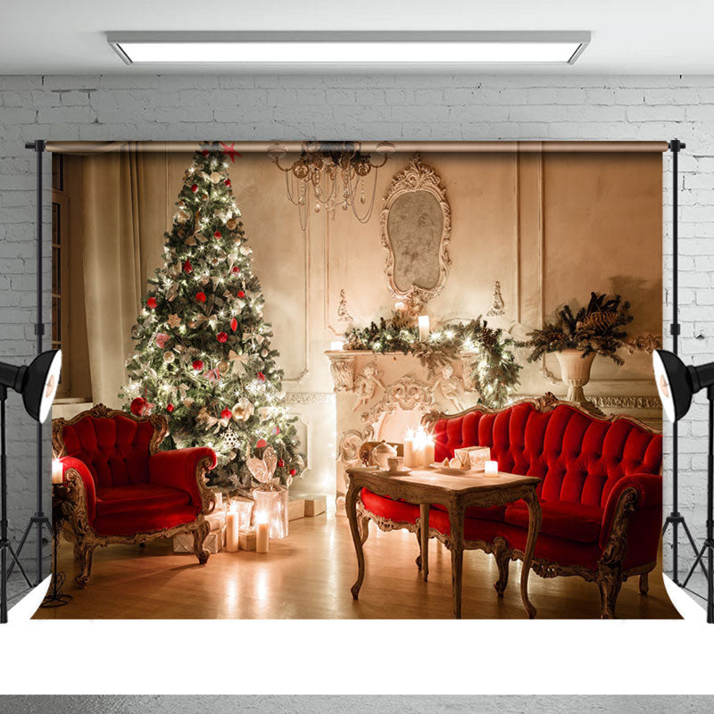 Aperturee - Warm Cozy Candles Christmas Tree Red Sofa Backdrop